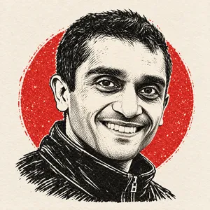 Ajay Krishnan, cut in black ink against a vermillion disc.